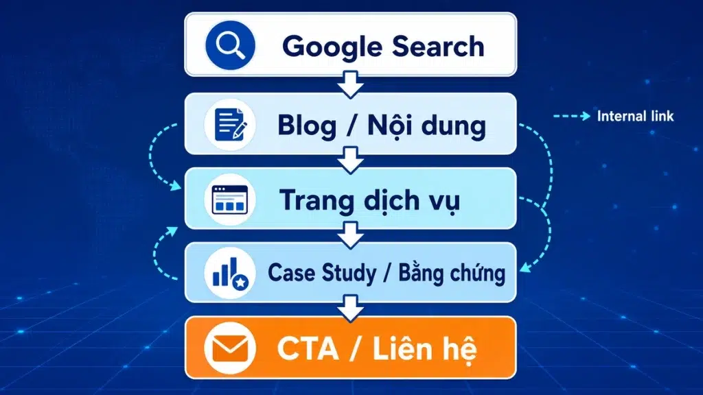 Website doanh nghiệp cần những trang nào để có khách từ Google? 3 Luồng khách hàng từ Google Search qua blog, trang dịch vụ, case study đến liên hệ