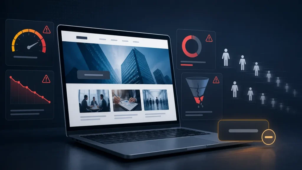 5 dấu hiệu website doanh nghiệp của bạn đang làm mất khách mỗi ngày 2 Laptop hiển thị website doanh nghiệp với cảnh báo tốc độ, traffic và chuyển đổi kém